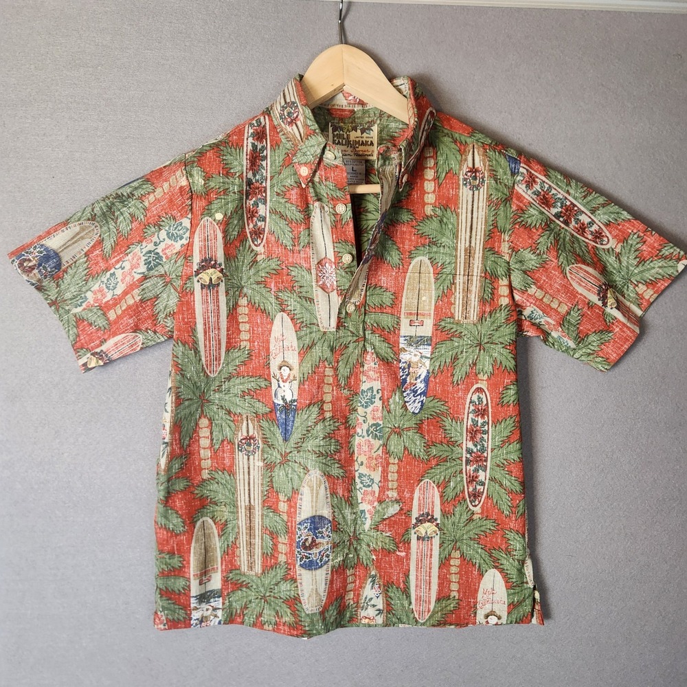 Reyn Spooner Mele Kalikimaka Hawaiian Shirt Boys L Red Surf Board Palm Christmas